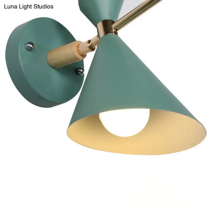 Angle wall sconce with teal conical shade and wood connector on Tampa Home & Garden Store