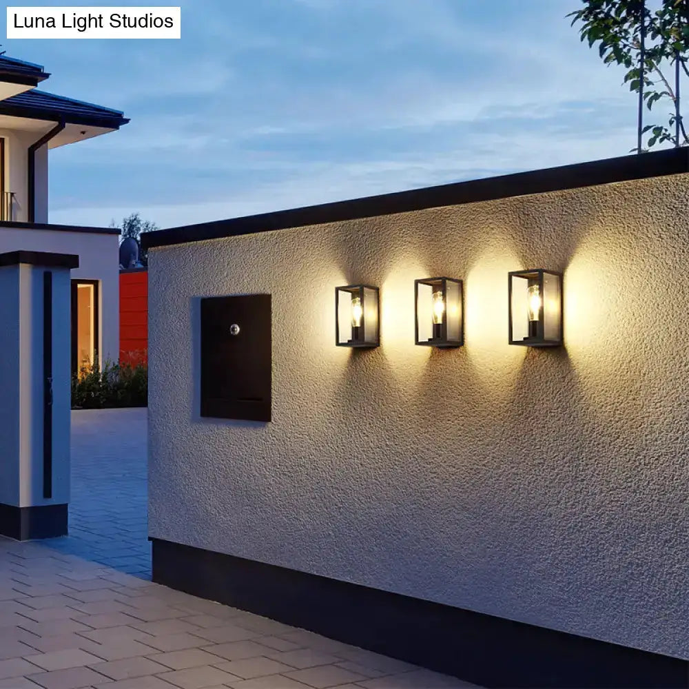 Modern black box patio wall sconce with outdoor glass lanterns, 3-light set by Decorbites on Tampa Home & Garden Store