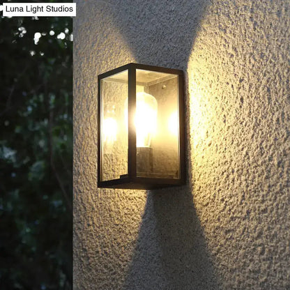 Modern black box patio wall sconce with glass enclosure outdoor lighting on Tampa Home & Garden Store