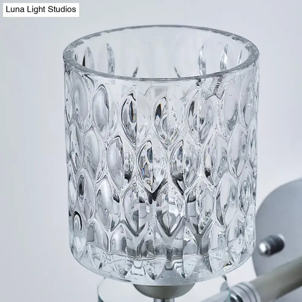 Black Chrome Dimpled Sconce Textured Glass shade, cylindrical clear glass on a metal fixture on Tampa Home & Garden Store