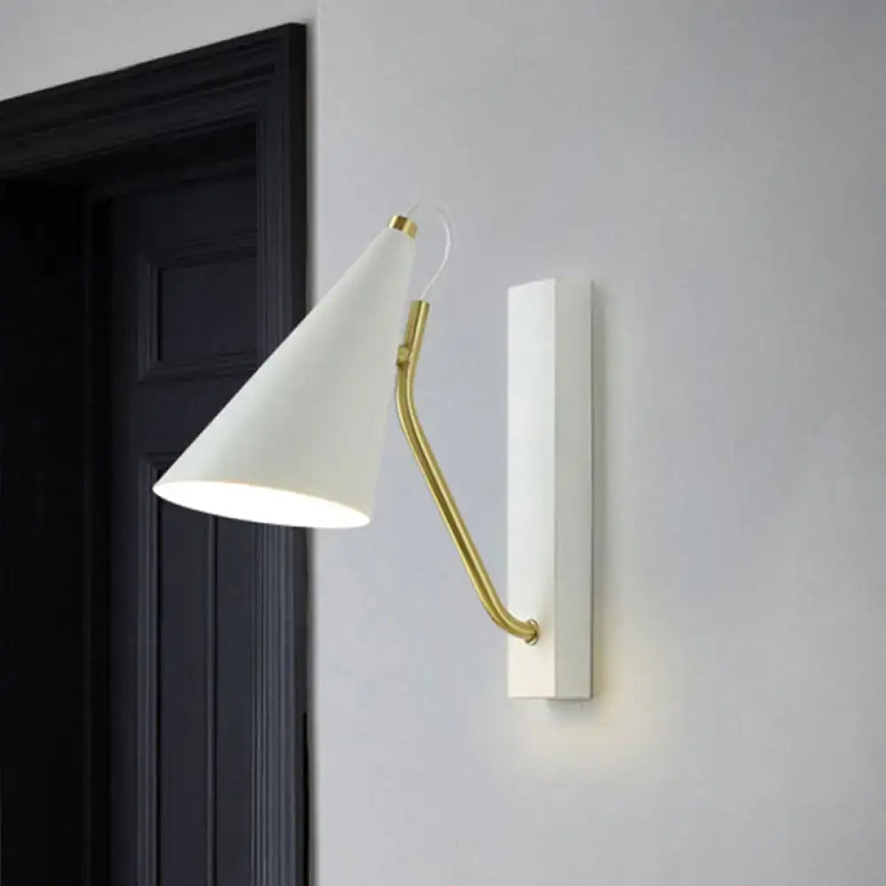 Decorbites Black Cone Wall Sconce with white shade and brass arm on white wall plate on Tampa Home & Garden Store