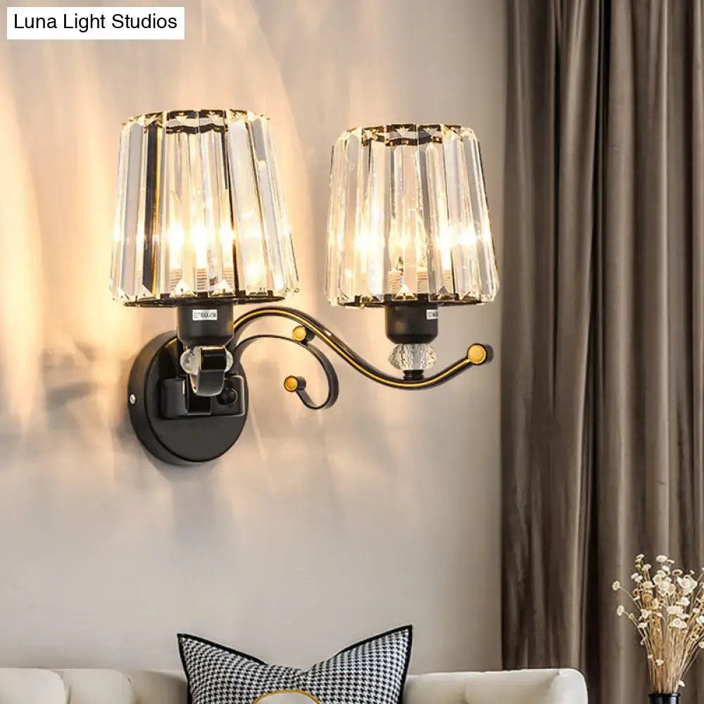 Black Crystal Two-Bulb Wall Sconce by Decorbites, twin crystal shades on black metal mount on Tampa Home & Garden Store