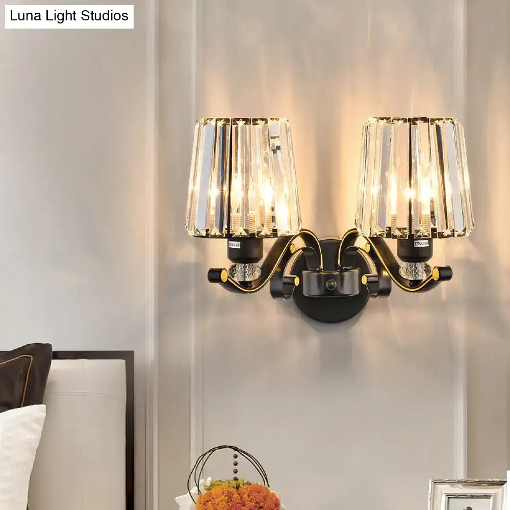 Black Crystal Two-Bulb Wall Sconce Decorbites with black metal arms and crystal shades on Tampa Home & Garden Store