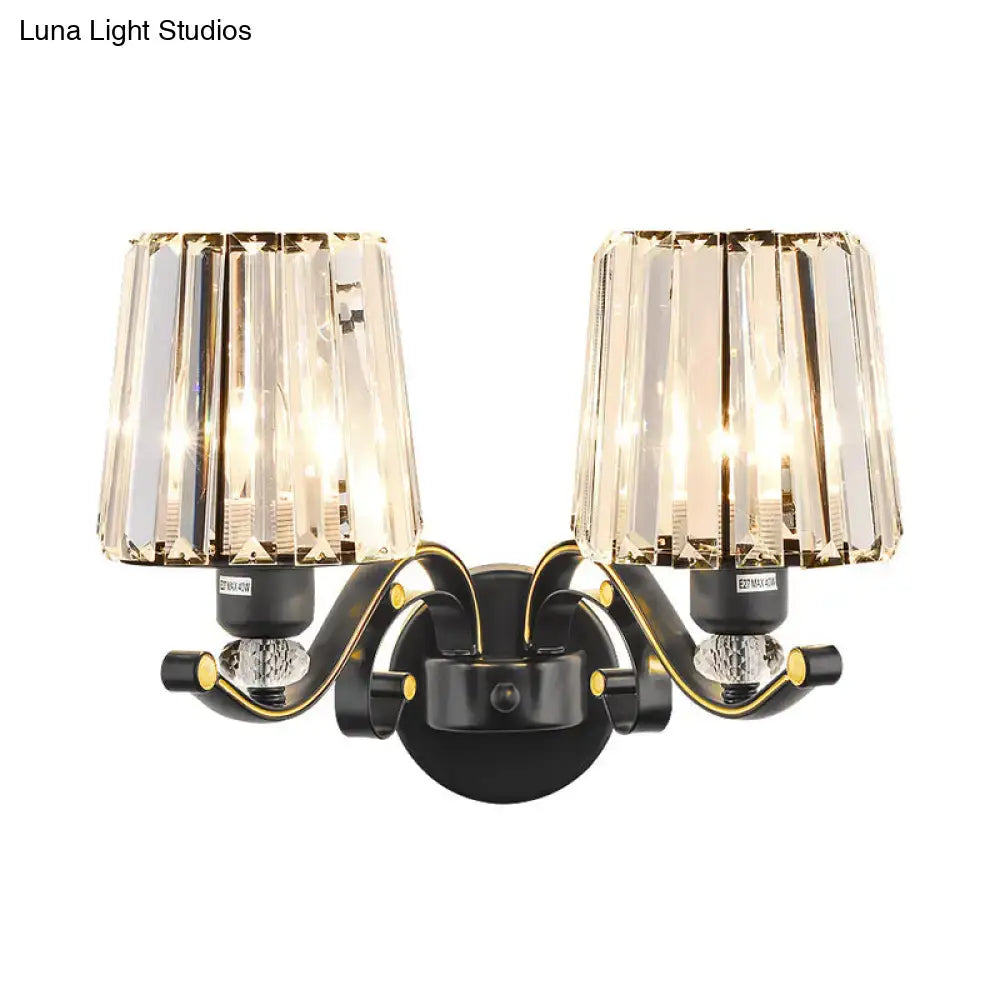 Black crystal two-bulb wall sconce with Decorbites dual crystal shades and curved arms on Tampa Home & Garden Store