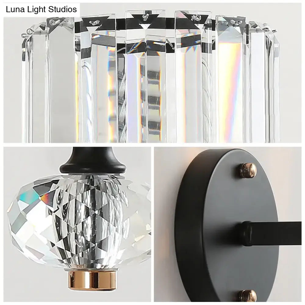Black Crystal Drum Sconce by Decorbites with faceted crystal prisms and matte black wall mount on Tampa Home & Garden Store