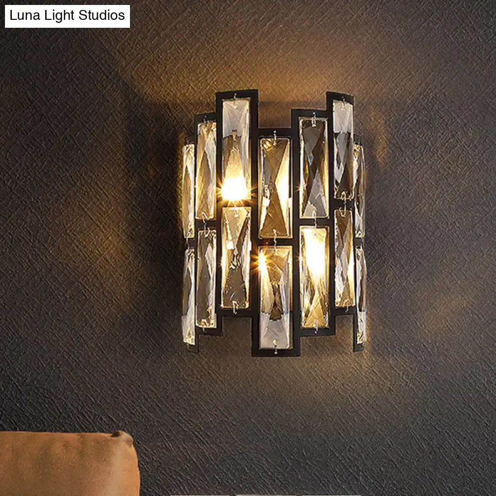 Black Crystal Half-Cylinder Block Sconce, black metal frame with crystal prisms, warm glow on Tampa Home & Garden Store