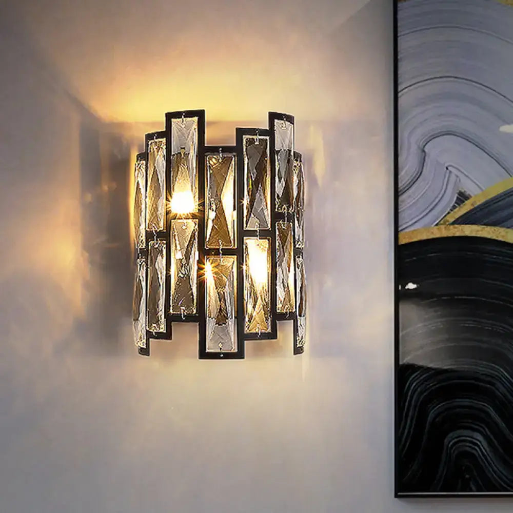 Black crystal half-cylinder sconce by Decorbites, geometric metal frame with crystal panels on Tampa Home & Garden Store