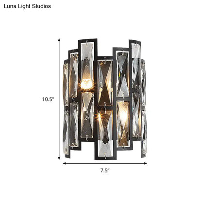 Decorbites Black Crystal Half-Cylinder Sconce with black metal frame and hanging prisms on Tampa Home & Garden Store