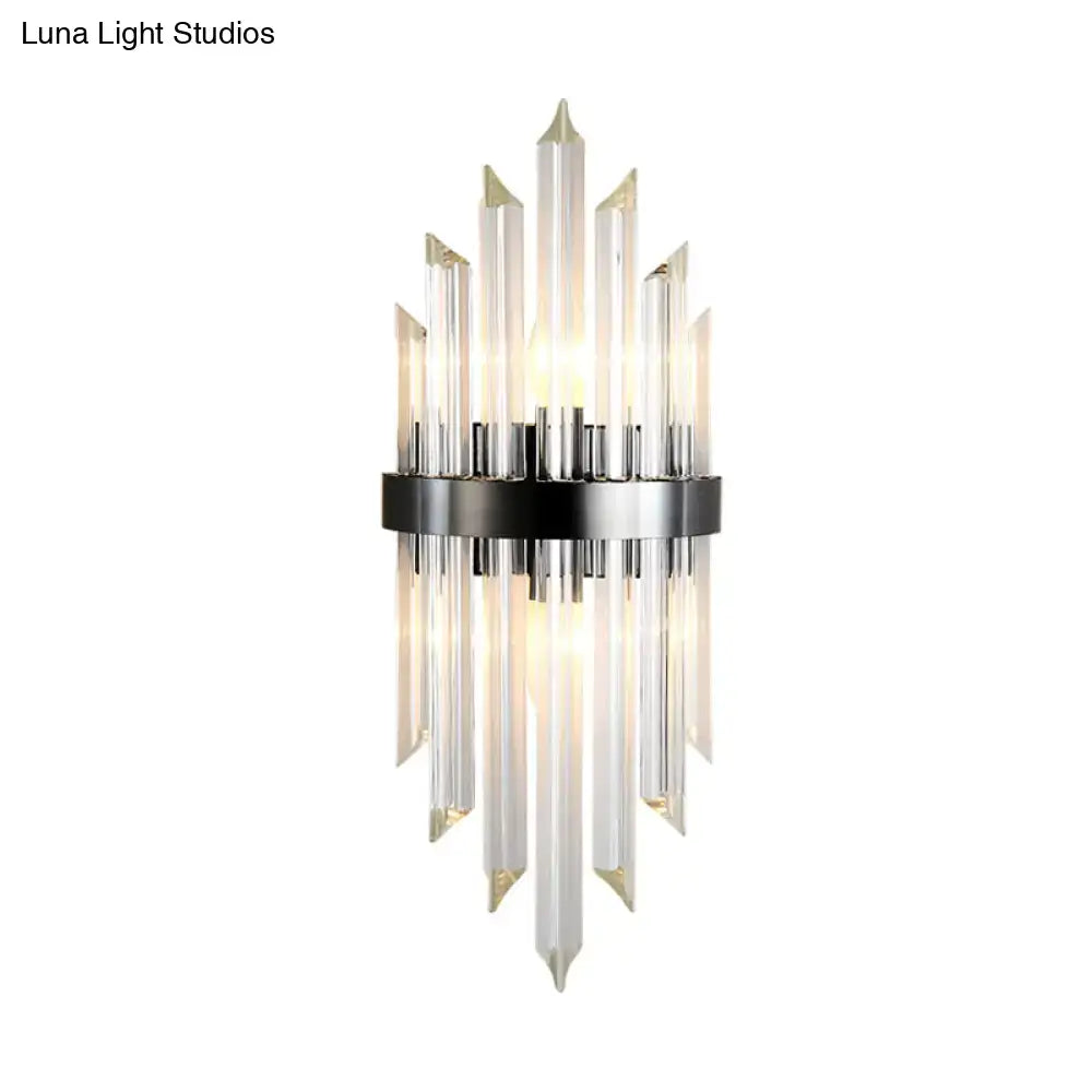 Black crystal mini wall lamp wall sconce with clear prisms around a black metal band on Tampa Home & Garden Store