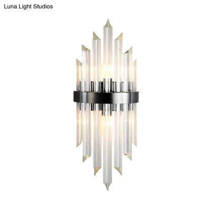 Black crystal mini wall lamp wall sconce with clear prisms around a black metal band on Tampa Home & Garden Store