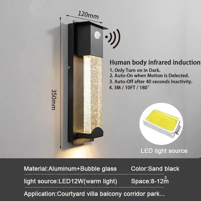 Modern black crystal outdoor wall light by Decorbites with PIR sensor; aluminum+glass on Tampa Home & Garden Store