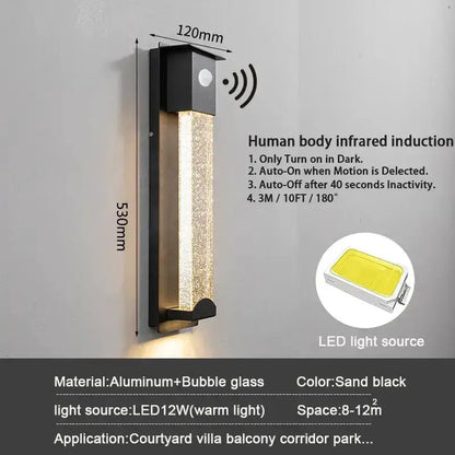 Modern black outdoor wall light with PIR sensor, aluminum bubble glass, 12W warm LED Decorbites on Tampa Home & Garden Store