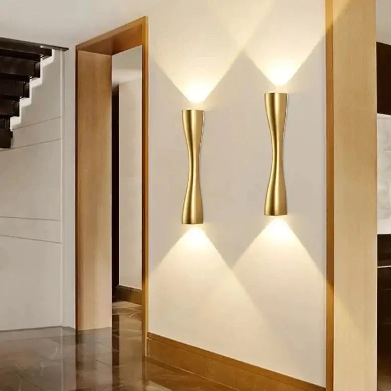 Black curved IP65 outdoor wall sconce pair, brass finish by Decorbites, uplight and downlight on Tampa Home & Garden Store