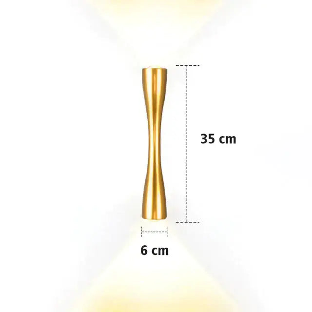 Gold curved IP65 outdoor wall sconce by Decorbites, 35 cm tall, 6 cm wide, emits light on Tampa Home & Garden Store