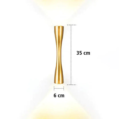 Gold curved IP65 outdoor wall sconce by Decorbites, 35 cm tall, 6 cm wide, emits light on Tampa Home & Garden Store