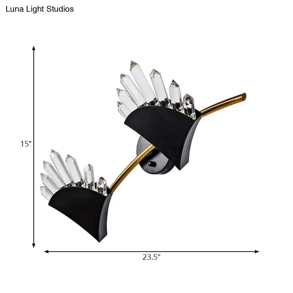 Decorbites modern black crystal wall sconce with twin fan prisms and gold arm on Tampa Home & Garden Store