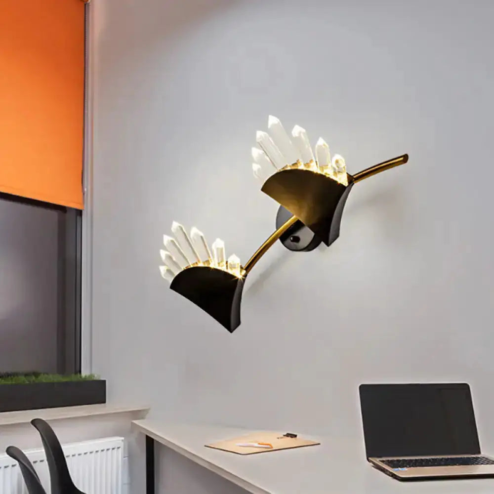 Decorbites modern black fan crystal wall light fixture with dual curved sconces and gold stem on Tampa Home & Garden Store