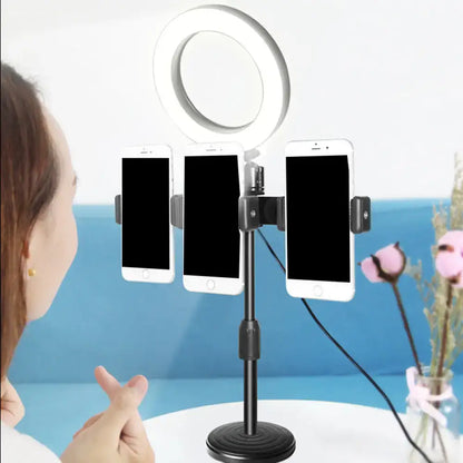 Black Ring Light by Decorbites with three-phone holder on adjustable desk stand on Tampa Home & Garden Store