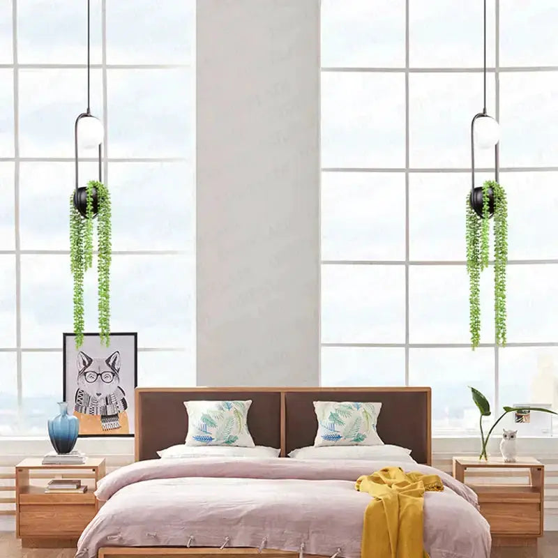 Modern black flower pot pendant lights Decorbites pair with greenery in bedroom setup on Tampa Home & Garden Store