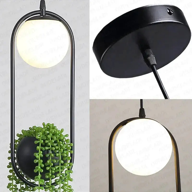 Modern black flower pot pendant light by Decorbites with arched frame and white globe on Tampa Home & Garden Store