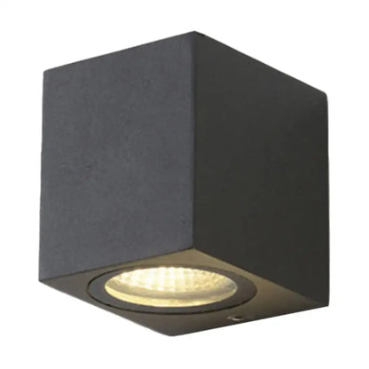 Black outdoor patio two-light wall sconce with cube metal housing and recessed round LED light on Tampa Home & Garden Store