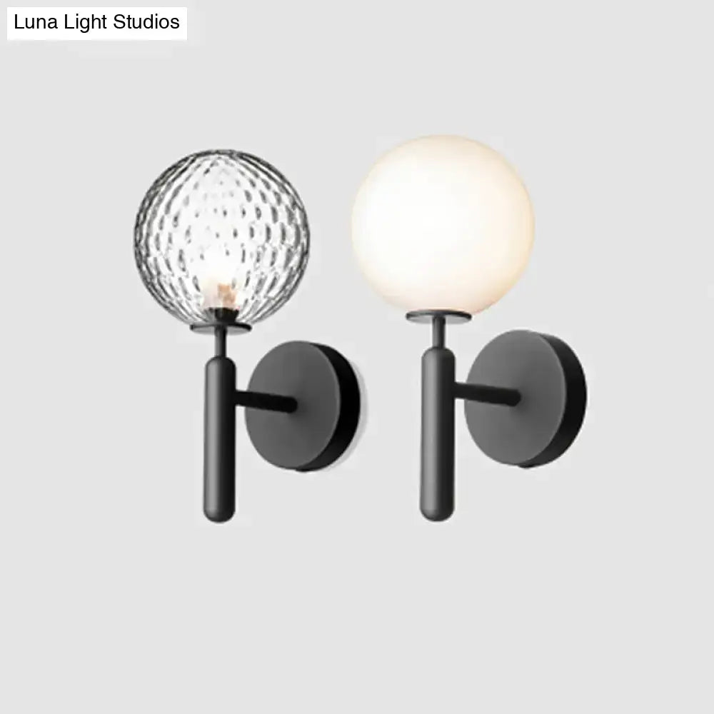 Black Glass Globe Lamp pair Decorbites; textured clear and frosted white globes on metal mounts on Tampa Home & Garden Store