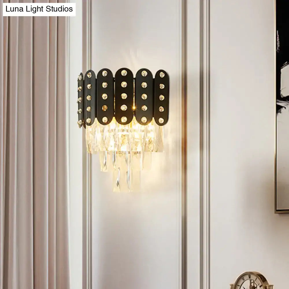 Black Crystal Wall Light sconce with black metal panels and prisms on Tampa Home & Garden Store