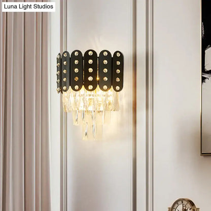 Black Crystal Wall Light sconce with black metal panels and prisms on Tampa Home & Garden Store