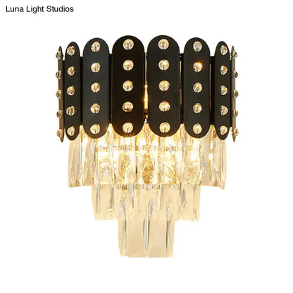 Black Crystal Three-Tier Wall Light by Decorbites with metal panels and hanging prisms on Tampa Home & Garden Store