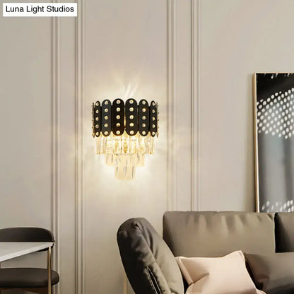 Black Crystal Three-Tier Faceted Wall Light by Decorbites with hanging prisms, warm glow on Tampa Home & Garden Store