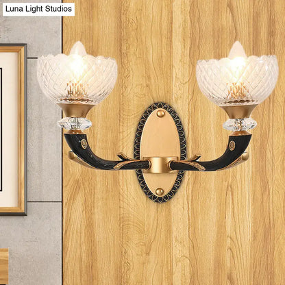 Decorbites Black Gold Branch Sconce with dual crystal bowl shades and ornate black arms on Tampa Home & Garden Store