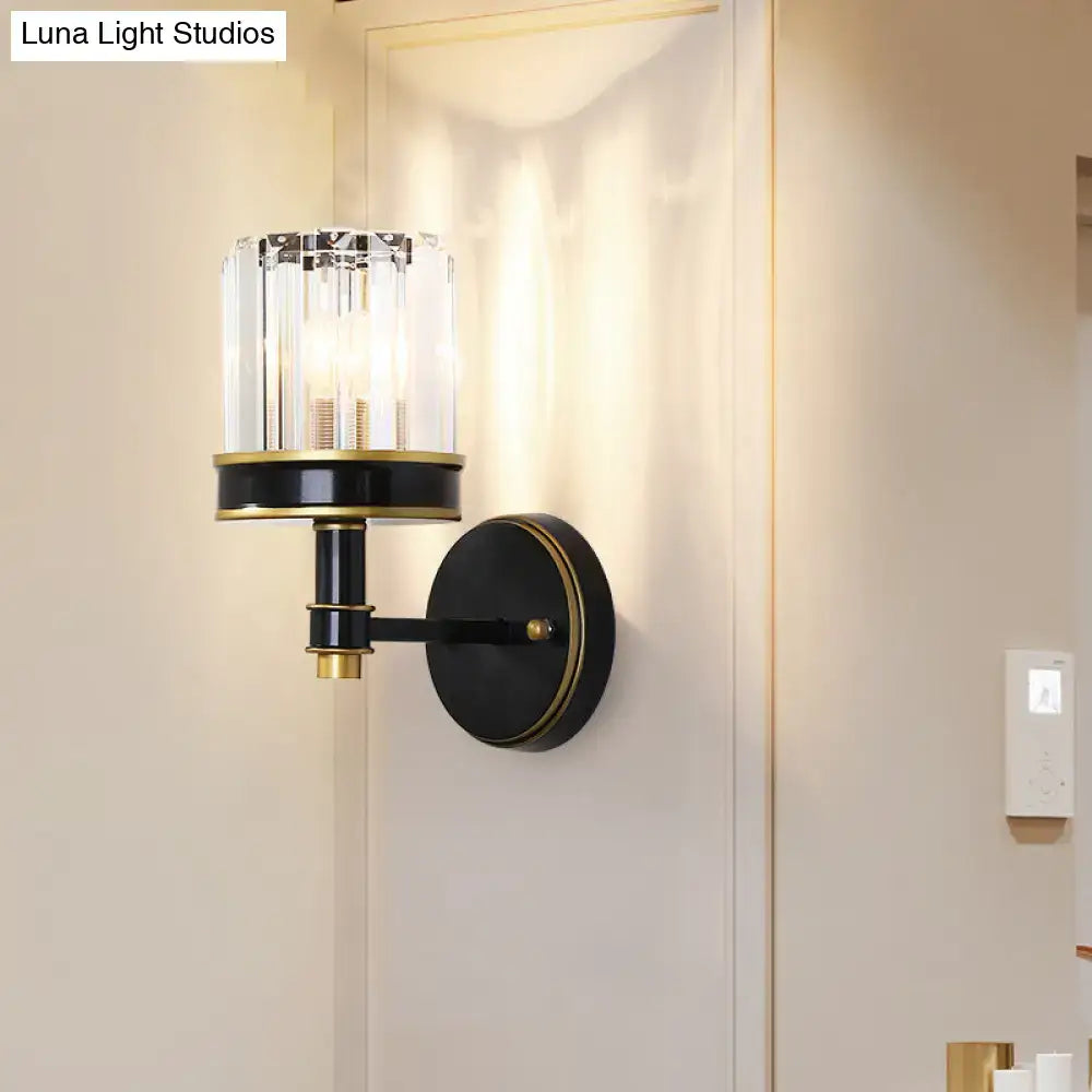 Black Crystal Wall Sconce with gold trim, compact narrow, clear crystal shade, wall mount on Tampa Home & Garden Store