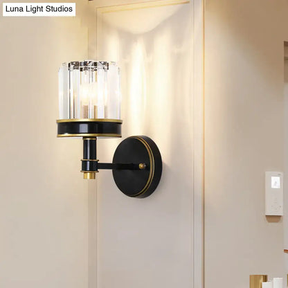 Black Crystal Wall Sconce with gold trim, compact narrow, clear crystal shade, wall mount on Tampa Home & Garden Store