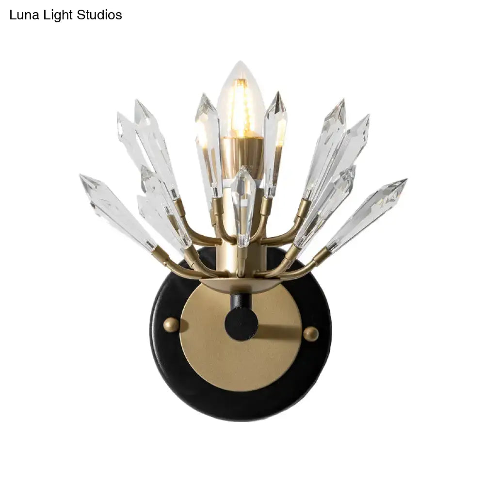 Black Gold Crystal Wall Lamp with glass crystal prisms and brass arms on black round backplate on Tampa Home & Garden Store
