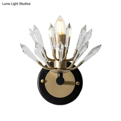 Black Gold Crystal Wall Lamp with glass crystal prisms and brass arms on black round backplate on Tampa Home & Garden Store