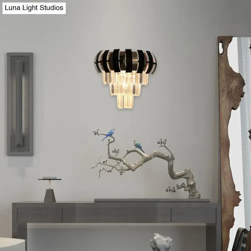 Black Gold Layered Sconce by Decorbites, hardwired wall light with black rings and glass prisms on Tampa Home & Garden Store