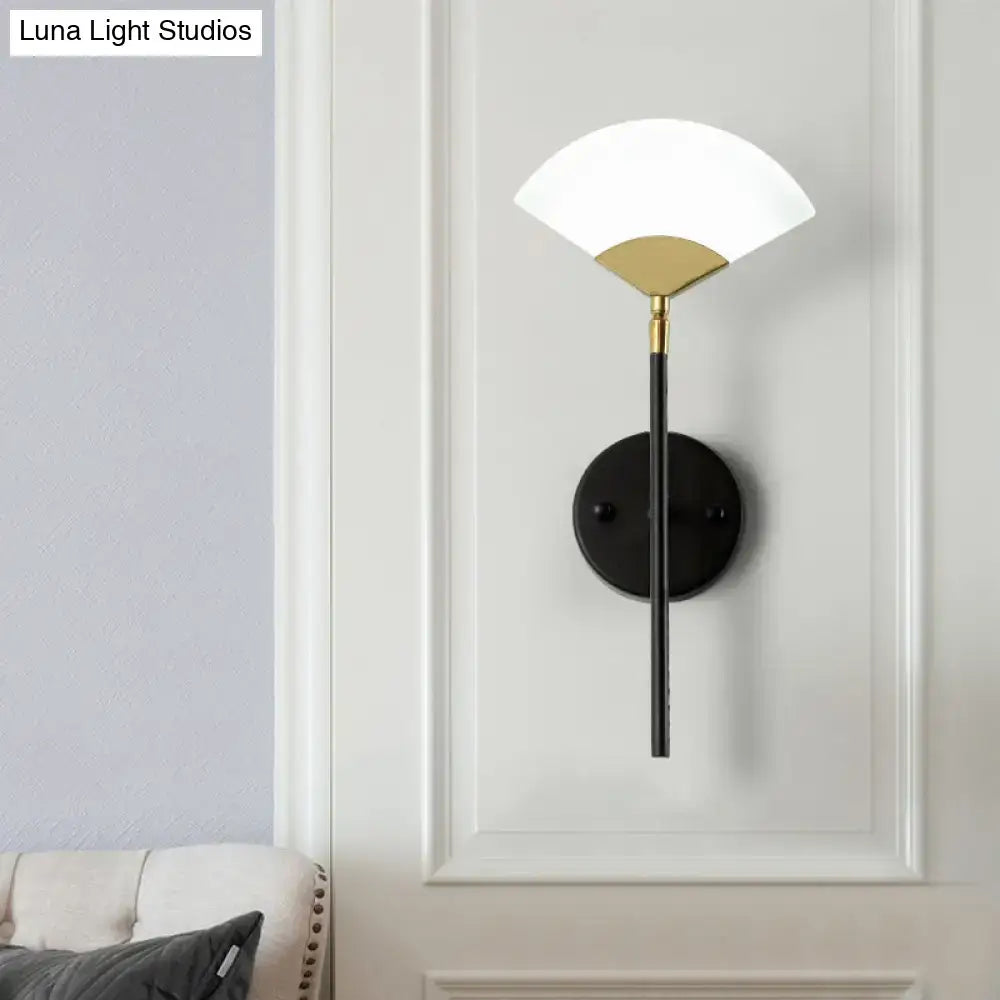 Black Gold Fan Sconce by Decorbites; black stem, gold accents, white fan shade on wall mount on Tampa Home & Garden Store