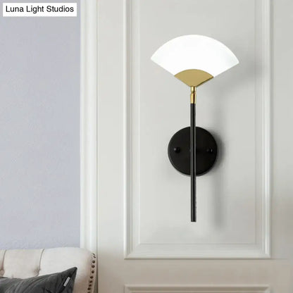 Black Gold Fan Sconce by Decorbites; black stem, gold accents, white fan shade on wall mount on Tampa Home & Garden Store