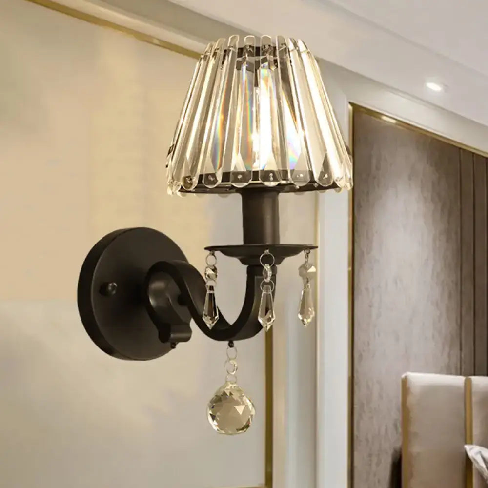 Black Gold Crystal Cone-Shade Wall Sconce black metal frame with crystal prisms Decorbites on Tampa Home & Garden Store