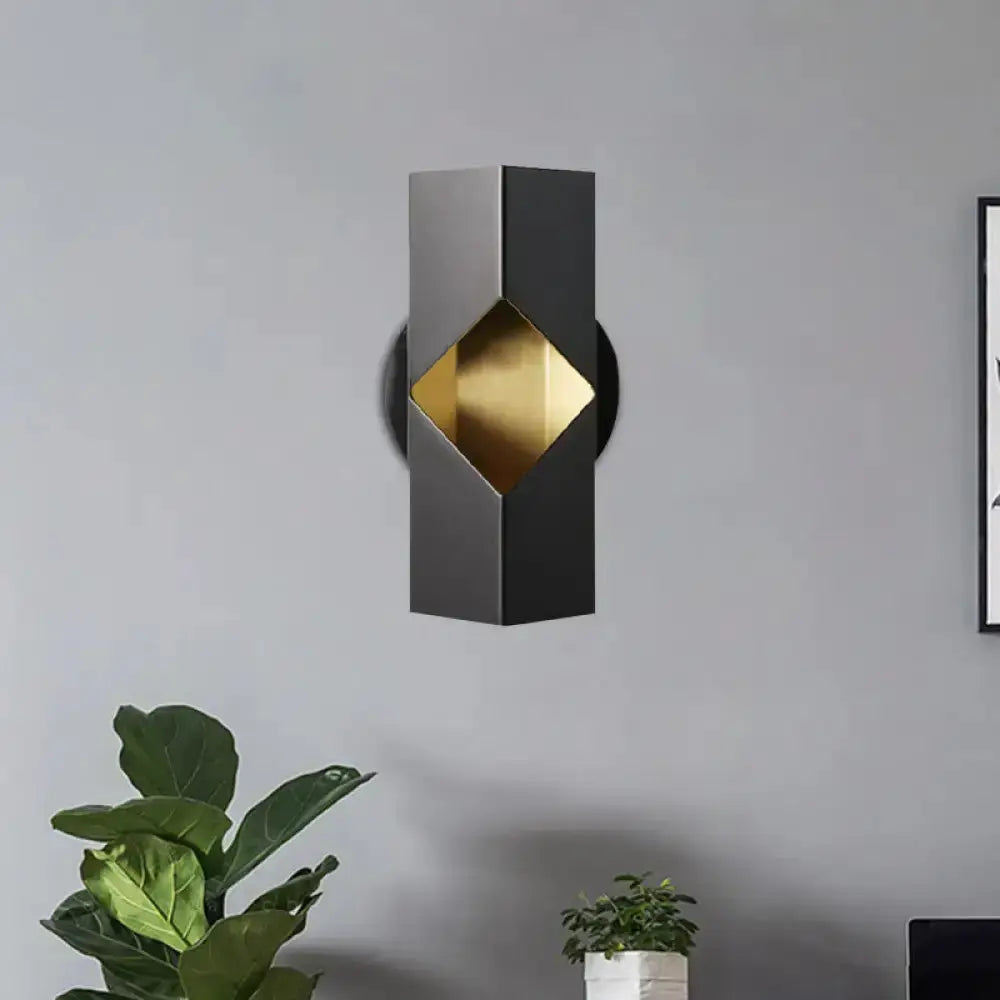 Geometric LED sconce, modern black and gold iron shade, Decorbites bedroom fixture on Tampa Home & Garden Store