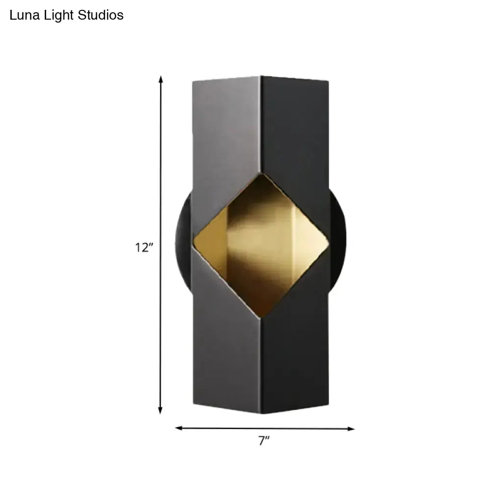 Modern black and gold LED bedroom sconce with iron shade and geometric diamond center, 12in x 7in on Tampa Home & Garden Store
