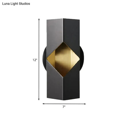 Modern black and gold LED bedroom sconce with iron shade and geometric diamond center, 12in x 7in on Tampa Home & Garden Store