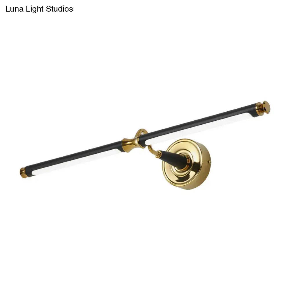 Black LED industrial dimmable vanity sconce with gold backplate and light bar on Tampa Home & Garden Store