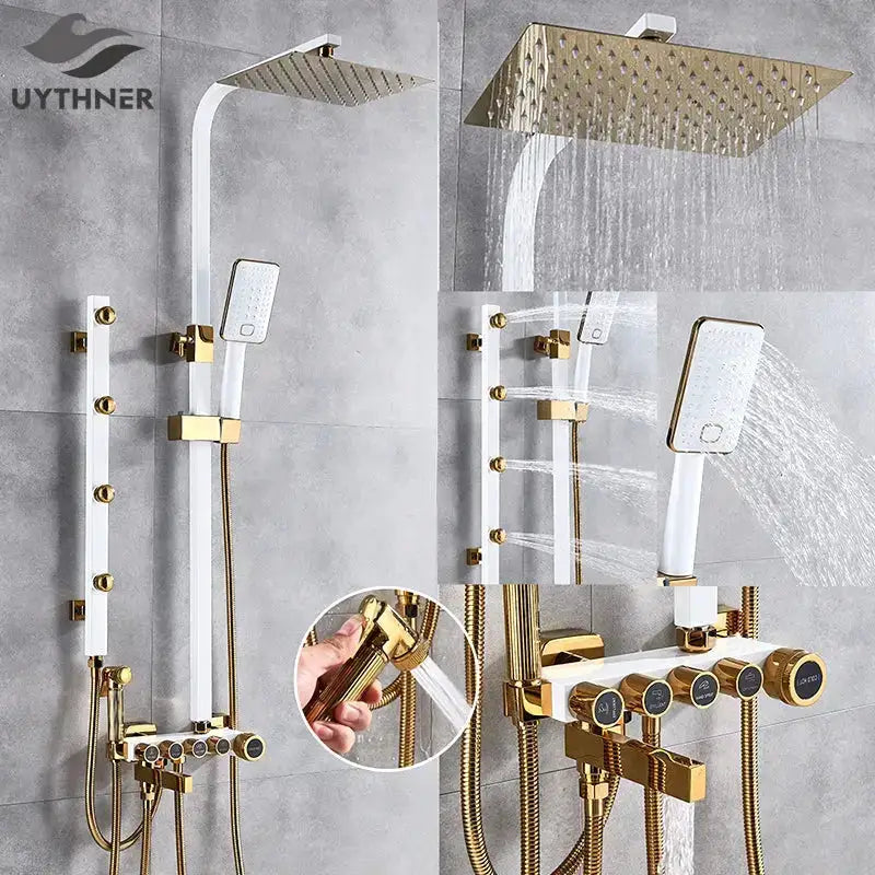 Modern Black and Gold Rain Shower Faucet Set