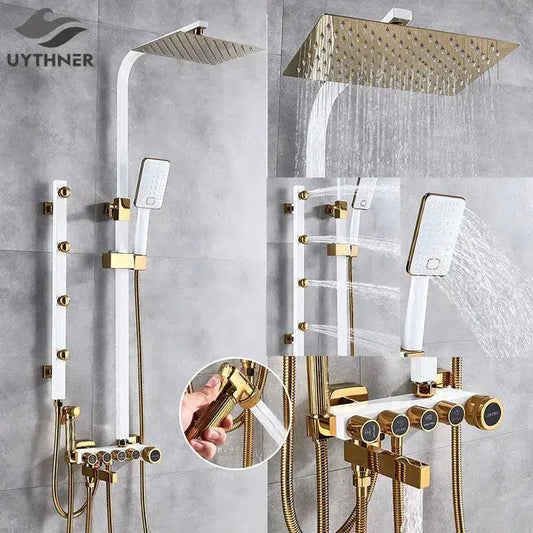 Modern black and gold shower faucet set with rain showerhead by Decorbites on Tampa Home & Garden Store