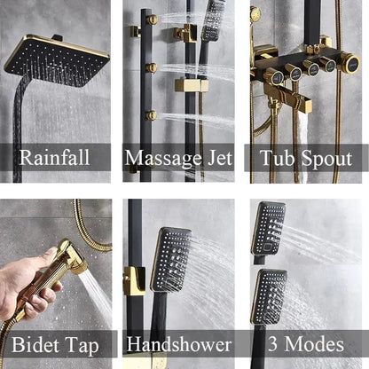 Modern Black and Gold Rain Shower Faucet Set
