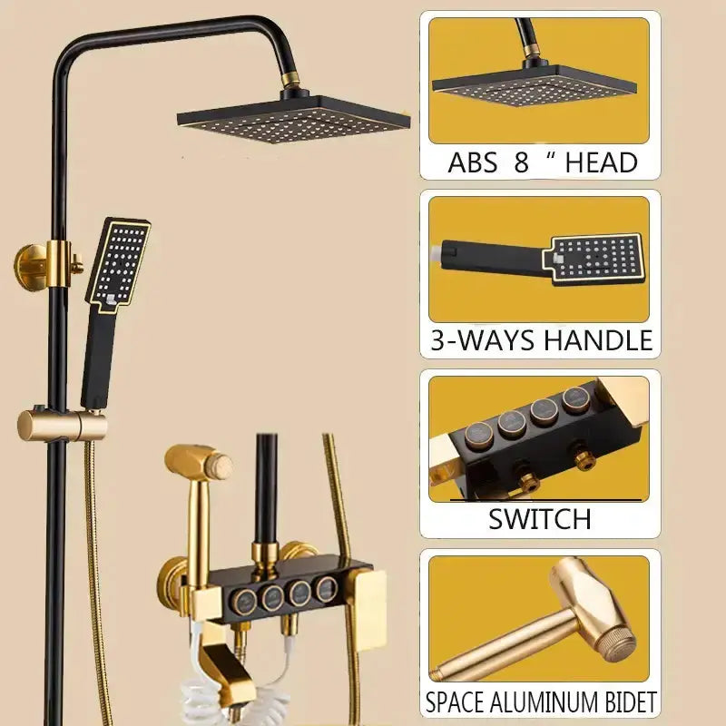 Modern Black and Gold Shower Faucet Set Rainfall