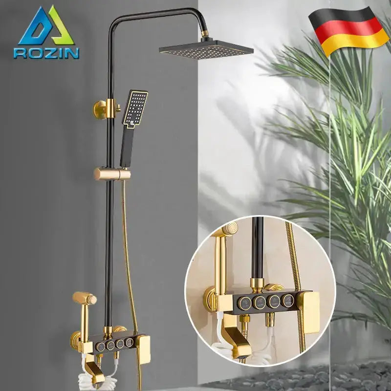 Modern Black and Gold Shower Faucet Set Rainfall