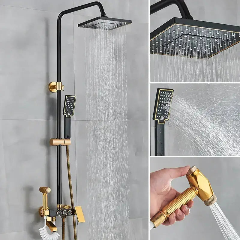 Modern Black and Gold Shower Faucet Set Rainfall