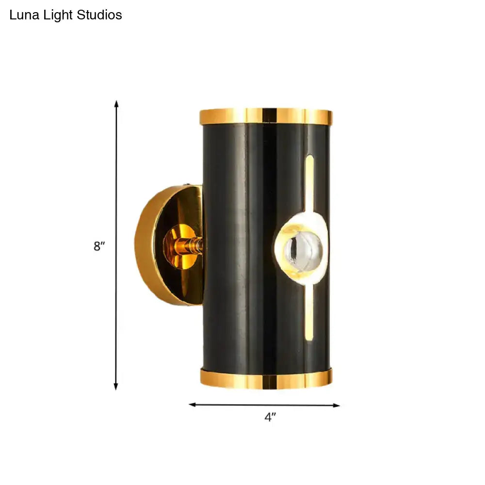 Decorbites black vertical wall sconce, cylindrical with gold trim crystal accent, 8in tall on Tampa Home & Garden Store